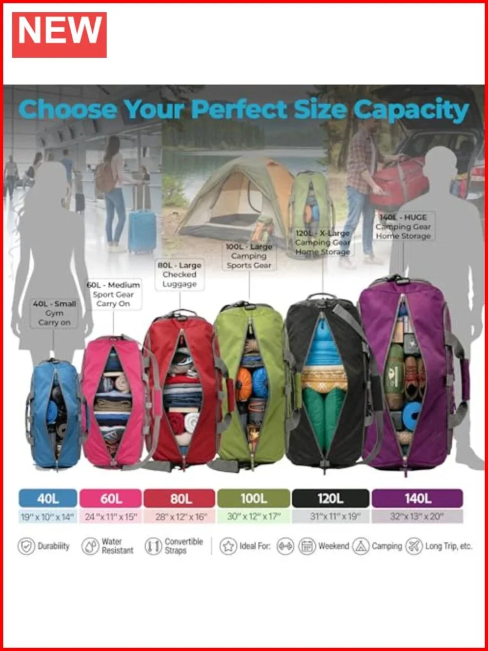 Large 80L Duffle Bag with Shoe Compartment, Foldable & Lightweight Travel